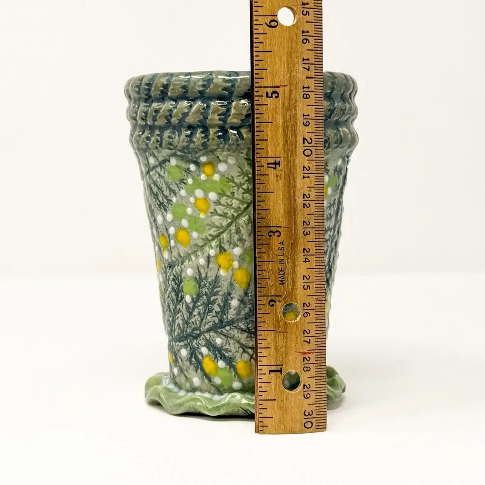 Signed Studio Art Pottery Vase Handmade Textured Floral Daisy Folk Art OOAK
